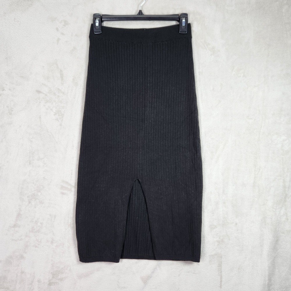 Free People Black Ribbed Midi Skirt with Front Slit